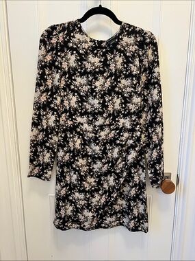 Club Monaco Floral Long-Sleeve Mini Dress - Black with Pink & Cream Floral